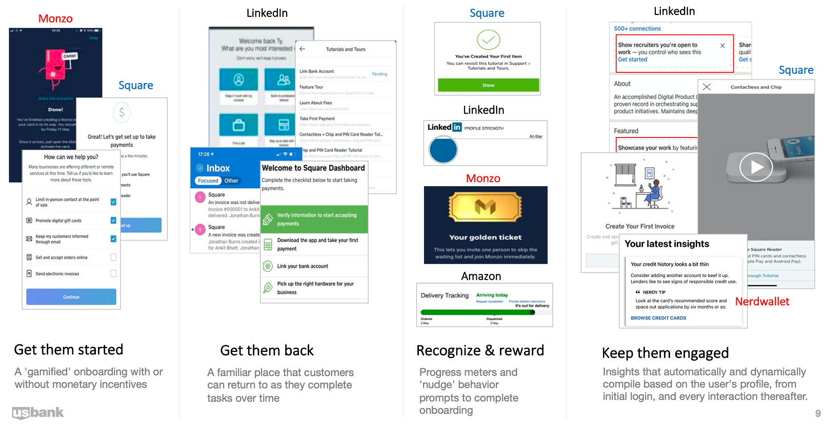 User engagement strategies showing Get them started, Get them back, Recognize & reward, and Keep them engaged approaches